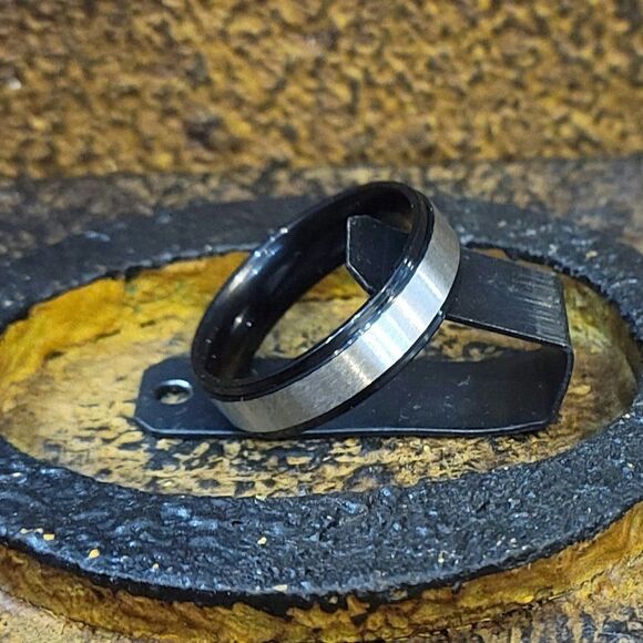 Men's Two Tone Silver and Black Wedding Band Step Edges  Sizes 5 - 13 Available - Picture 2 of 8